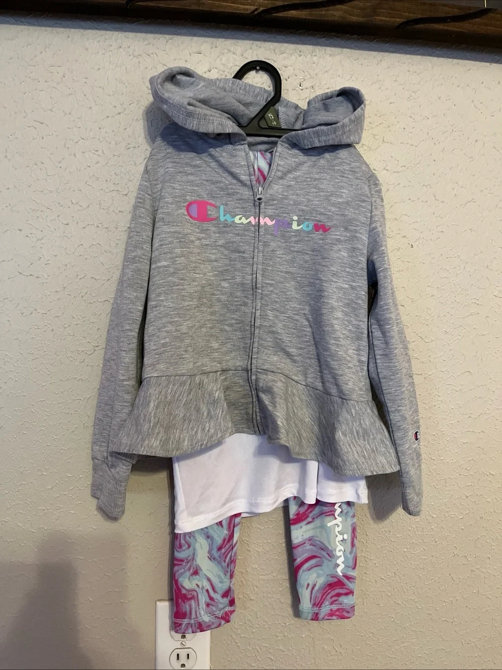 Champion Girls' Gray Hoodie, White Tee & Pink Swirl Leggings Set